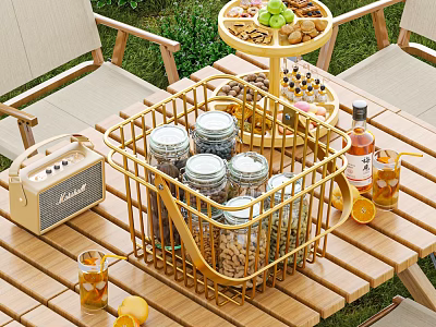 Outdoor Food Display With Metal Basket Glass Jars Cookies Grapes Tray And Wooden Table 3d model