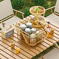 Outdoor Food Display With Metal Basket Glass Jars Cookies Grapes Tray And Wooden Table