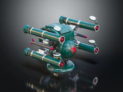 Green Multiple Barrel Weapon with Round Base Red Details and Sighting Devices 3d model