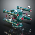 Green Multiple Barrel Weapon with Round Base Red Details and Sighting Devices