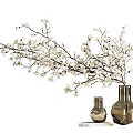 Elegant White Flower Branches With Two Metallic Vases On Decorative Base 3d model