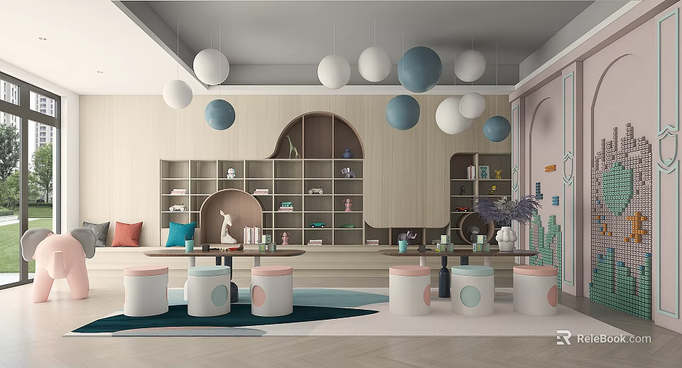 Cozy Indoor Space With Hanging Spherical Lights Wooden Bookshelves And Round Stools 3d model 