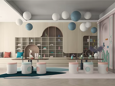 Cozy Indoor Space With Hanging Spherical Lights Wooden Bookshelves And Round Stools 3d model