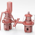 Red Industrial Equipment With Twin Towers And Connected Piping Structures