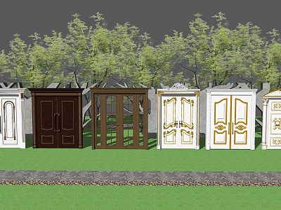 Various Styles of Decorative Double Doors in Garden With Green Grass and Trees 3d model