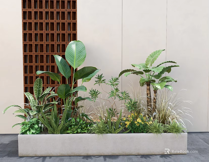 Plant Combination in Rectangular Planter with Leafy Greens Small Herbs Yellow Flowers and Wooden Lattice 3d model 
