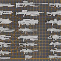 Various Weapon Types Including Guns Knives and Firearms on Grid Background 3d model