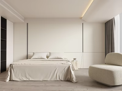 Modern Minimalist Bedroom Interior With White Wall Bed Beige Armchair And Light Wooden Floor 3d model