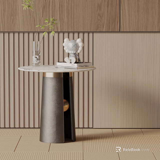 Modern Round Marble Top Side Table With Gray Cylindrical Base And Gold Accent 3d model