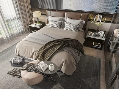 Modern Double Bed in Bedroom with Brown Headboard Plaid Pillows Neutral Bedding and Bedside Lamps 3d model