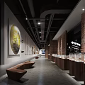 Contemporary Exhibition Hall Interior Featuring Display Cases Artworks Brick Walls And Seating