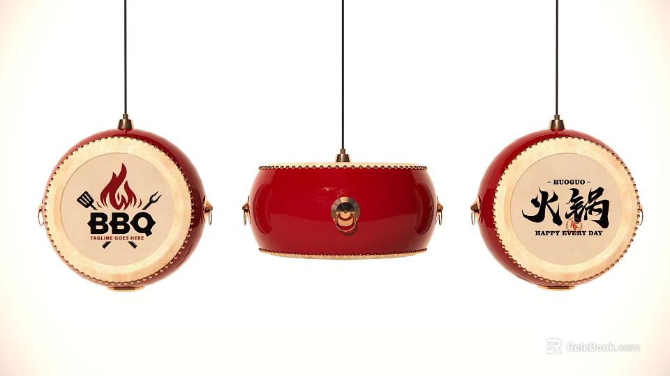 Red Drum Shaped Pendant Lights with Flame Patterns and BBQ Characters 3d model 