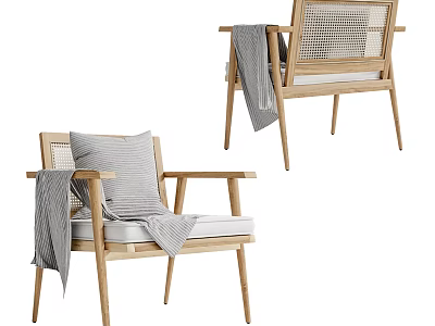 Modern Wooden Leisure Chair With Woven Backrest Gray Cushion And Throw Blanket 3d model