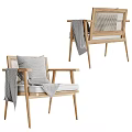 Modern Wooden Leisure Chair With Woven Backrest Gray Cushion And Throw Blanket
