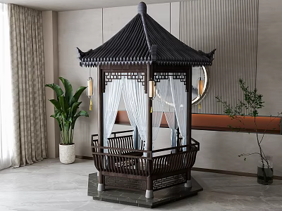 Chinese Style Wooden Pavilion With Sheer Curtains In Indoor Decorative Setting 3d model