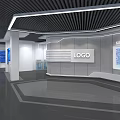 Modern Technology Exhibition Hall With Glass Display Cases And Blue Digital Screens