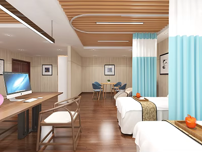 Modern Patient Room Interior With Wooden Ceiling White Walls Two Beds And Blue Curtains 3d model