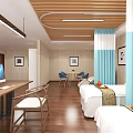 Modern Patient Room Interior With Wooden Ceiling White Walls Two Beds And Blue Curtains