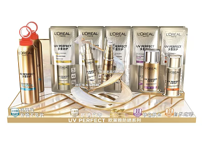 Art Installation Of L'Oreal Skincare Products With Golden Display Stand And Exhibition Design 3d model