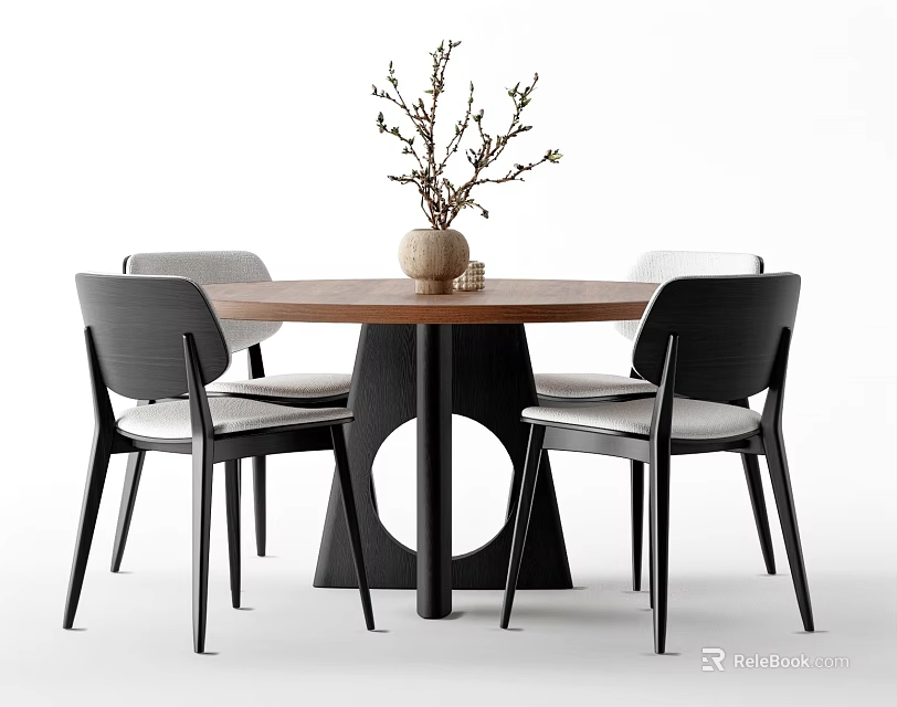 Modern Wooden Dining Table With Black Frame Chairs And Decorative Vase On Top 3d model 