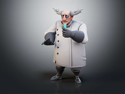 Cartoon 3D Mad Scientist Character In White Coat With Goggles Holding Green Test Tube 3d model