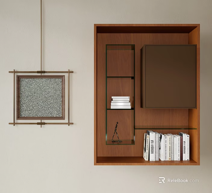 Modern Brown Wooden Bookshelf With Glass Shelves Holding Stacked Books And Decorative Sculpture 3d model 