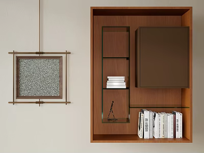 Modern Brown Wooden Bookshelf With Glass Shelves Holding Stacked Books And Decorative Sculpture 3d model