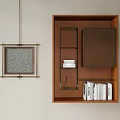 Modern Brown Wooden Bookshelf With Glass Shelves Holding Stacked Books And Decorative Sculpture