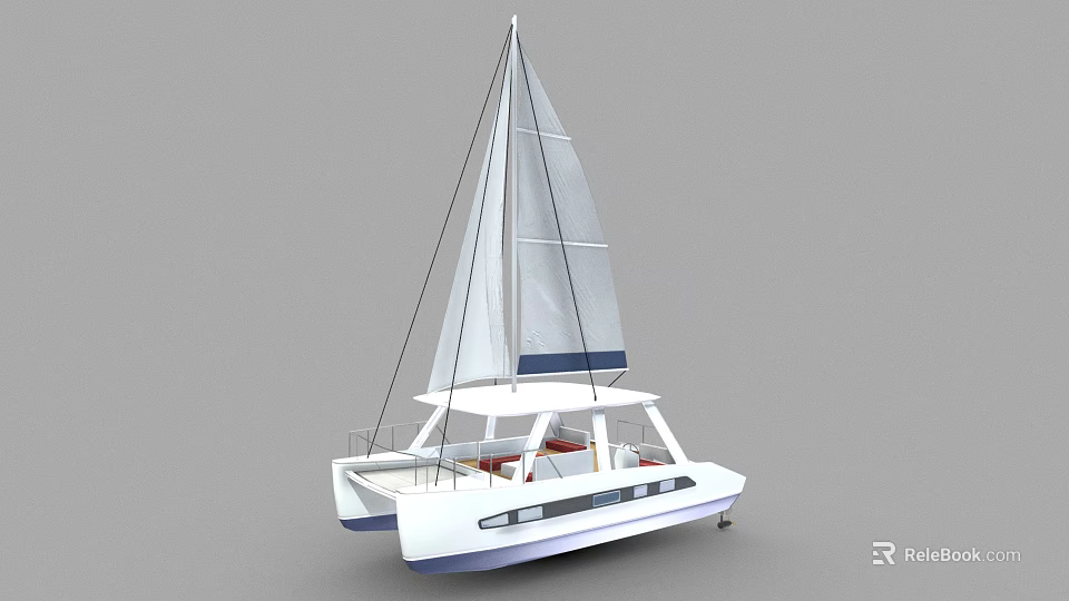 Modern Catamaran Yacht With White Hull Sails And Spacious Deck 3d model