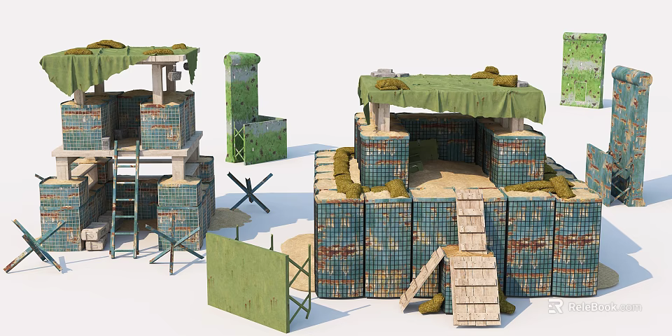 Tactical Military Weapon Storage With Brick Structures Sandbags And Ladder 3d model 