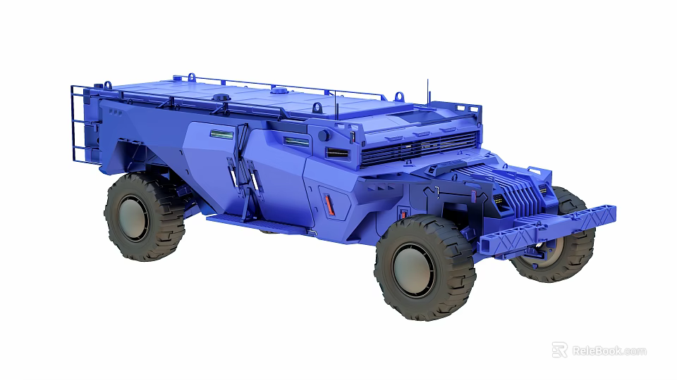 Blue Heavy Duty Utility Vehicle Featuring Large Off Road Tires And Roof Racks 3d model 