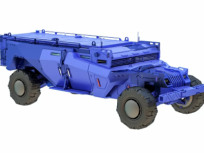 Blue Heavy Duty Utility Vehicle Featuring Large Off Road Tires And Roof Racks 3d model