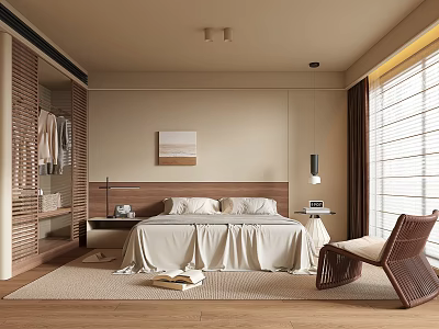 Modern Bedroom Interior Design With Wooden Wardrobe Beige Walls Headboard Rattan Chair And Window Blinds 3d model