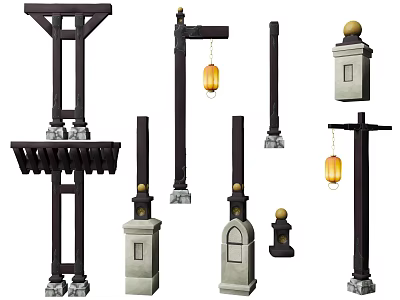 Various Styles Outdoor Lights Including Wooden Lamp Posts Stone Lanterns And Decorative Designs 3d model