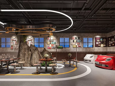 Modern Restaurant With Circular Pendant Lights Rock Decoration Dining Tables Chairs Car Display Wall Artworks 3d model