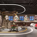 Modern Restaurant With Circular Pendant Lights Rock Decoration Dining Tables Chairs Car Display Wall Artworks