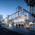 Modern Commercial Street With High Rise Buildings Glass Facade Design Shops Pedestrians And Street Traffic