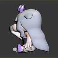 Cute Cartoon Character With White And Purple Fur Purple Horns Holding Ice Cream Sitting Pose