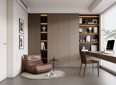 Modern Italian Study Lazy Sofa Single Chair Bookcase Decorative Cabinet Laptop Computer Vase Plant Decorations Ornaments Hanging Painting Side Carpet 3d model