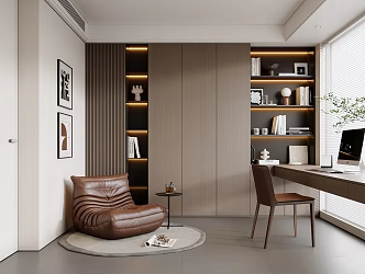 Modern Italian Study Lazy Sofa Single Chair Bookcase Decorative Cabinet Laptop Computer Vase Plant Decorations Ornaments Hanging Painting Side Carpet 3d model