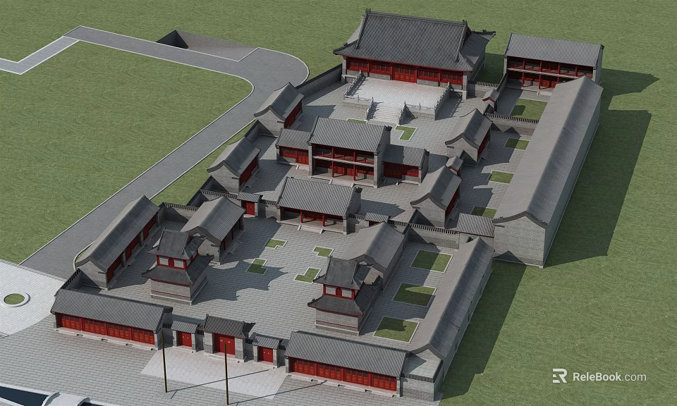 Ancient Chinese Traditional Architectural Complex With Courtyard Red Walls And Classic Roof Structures 3d model 