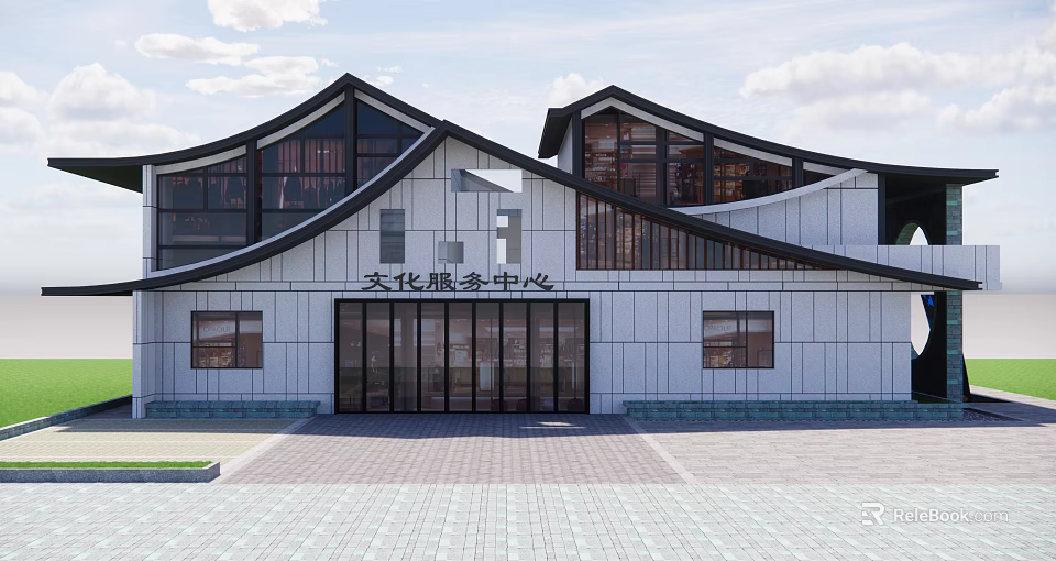 Modern Tourist Center With Traditional Roof Design And Large Glass Windows Offering Cultural Services 3d model 