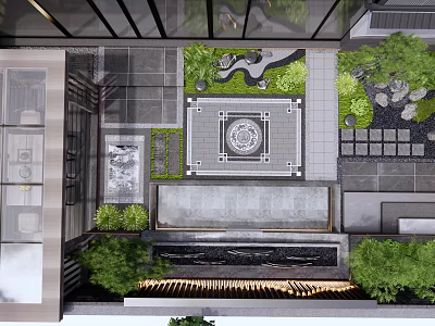 Traditional Courtyard Garden Design With Stone Pavement Circular Center Green Plants And Water Feature 3d model