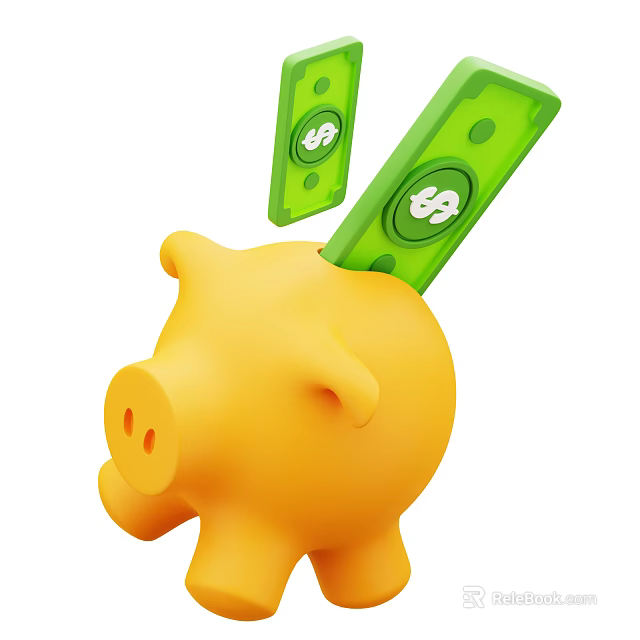 Decorative Ornament Set Featuring Yellow Piggy Bank With Green Dollar Sign Banknotes 3d model 