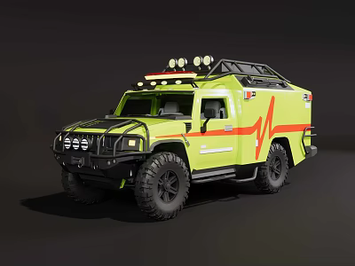 Yellow Off Road Ambulance With Roof Lights And Red Heartbeat Line Design 3d model