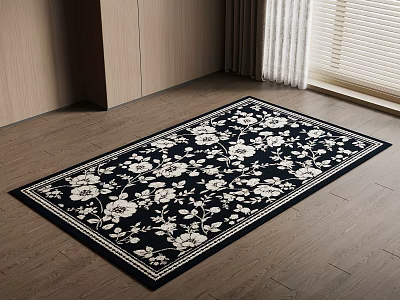 Square Carpet With Black Background And White Floral Pattern On Wooden Floor 3d model