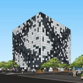 Modern Office Building With Black White Square Facade Green Roof And Landscaping