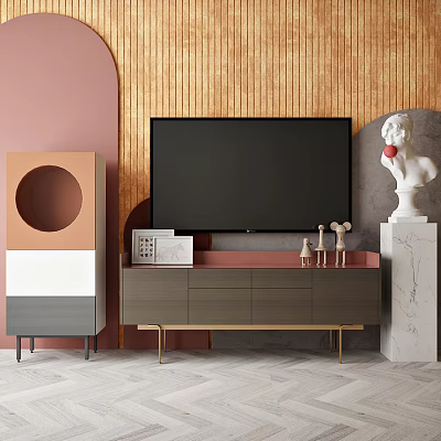 Modern TV Stand with Black TV Decorative Figurines and Marble Statue in Stylish Room 3d model