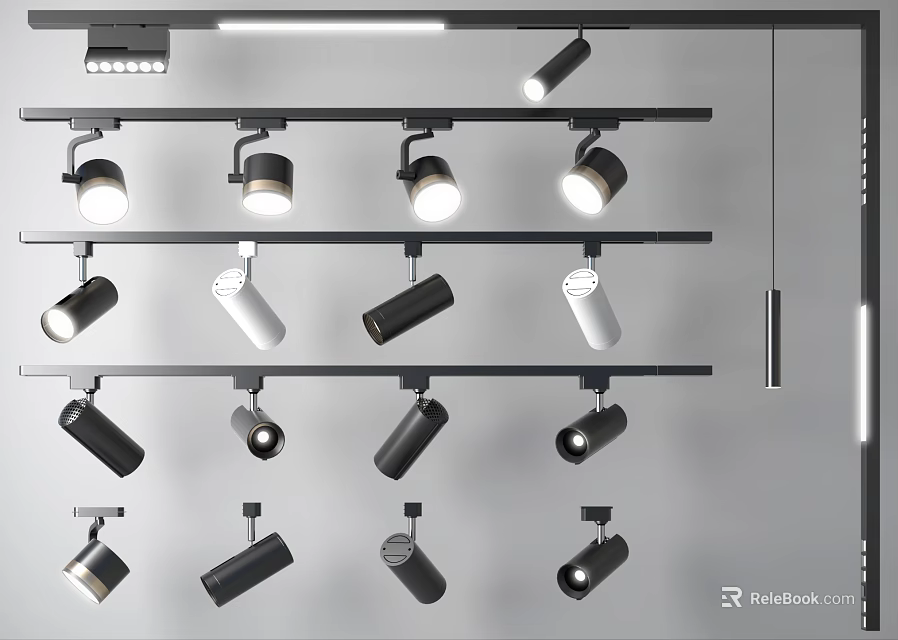 Modern Track Mounted Downlights And Spotlights In Black And White For Home Lighting 3d model 