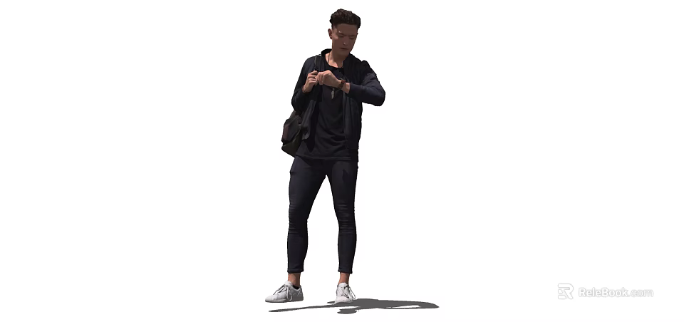 A Man Wearing Black Jacket And Pants Checking Wristwatch Carrying Backpack In White Background 3d model 